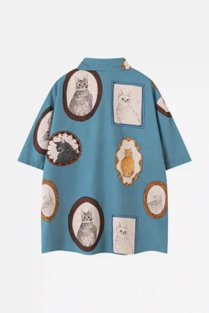 Concert Outfit Vintage Cat Print Short Sleeve Shirt