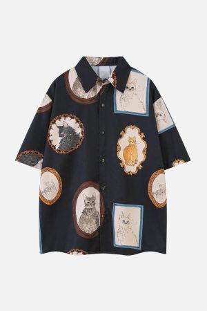 Concert Outfit Vintage Cat Print Short Sleeve Shirt