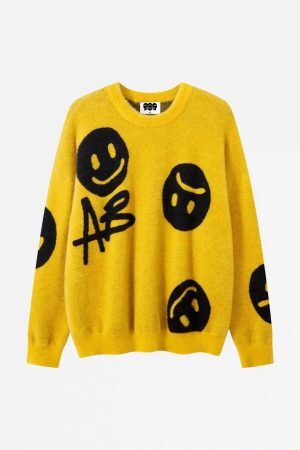 Concert Outfit Vintage Contrasting Smiley Face Sweater