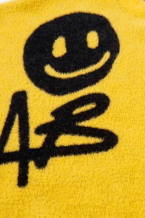 Concert Outfit Vintage Contrasting Smiley Face Sweater