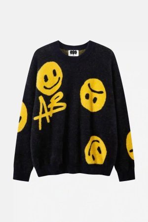 Concert Outfit Vintage Contrasting Smiley Face Sweater