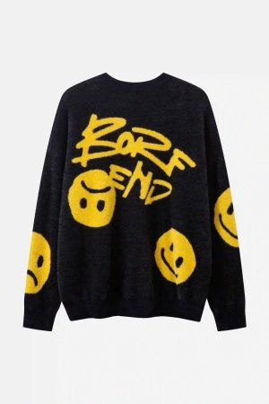 Concert Outfit Vintage Contrasting Smiley Face Sweater