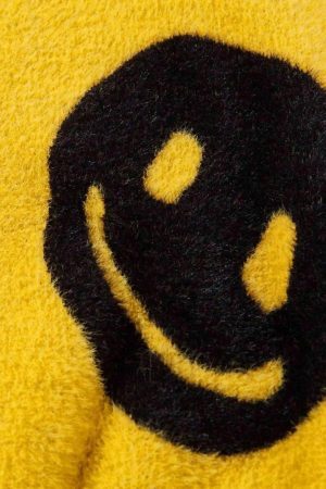 Concert Outfit Vintage Contrasting Smiley Face Sweater