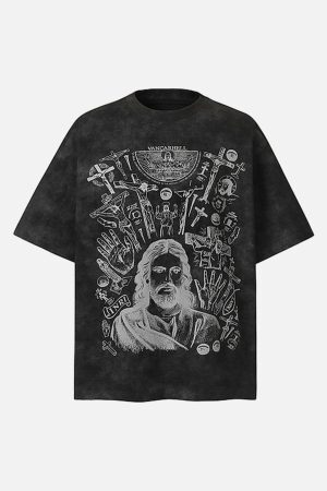 Concert Outfit Vintage Cross Figure Print T-Shirt