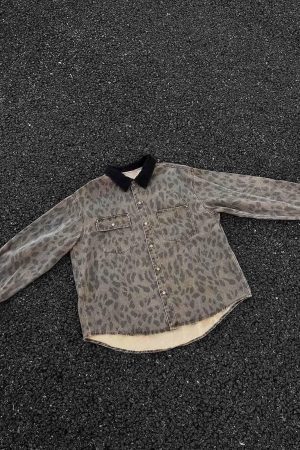 Concert Outfit Vintage Distressed Cheetah Print Denim Shirt