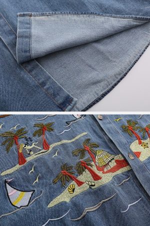 Concert Outfit Vintage Embroidered Denim Short Sleeve Shirt