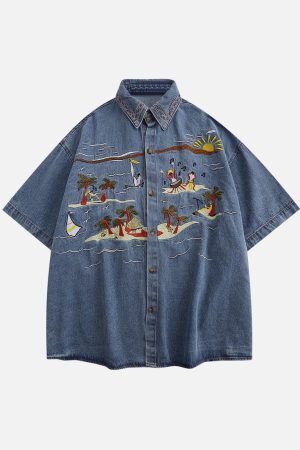 Concert Outfit Vintage Embroidered Denim Short Sleeve Shirt
