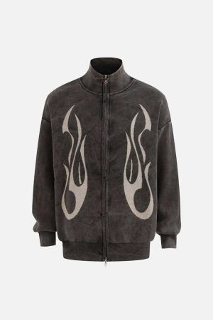 Concert Outfit Vintage Flame Jacquard Stand Collar Cardigan