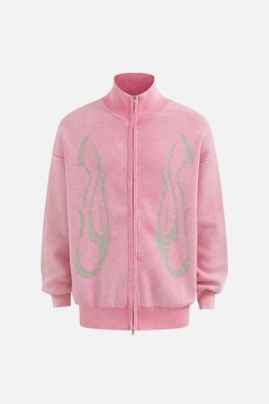 Concert Outfit Vintage Flame Jacquard Stand Collar Cardigan