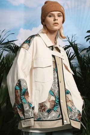 Concert Outfit Vintage Flower Embroidery Stitching Jacket