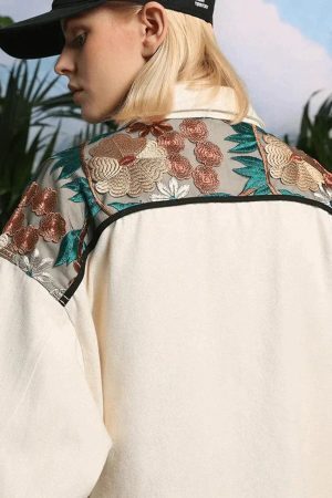 Concert Outfit Vintage Flower Embroidery Stitching Jacket