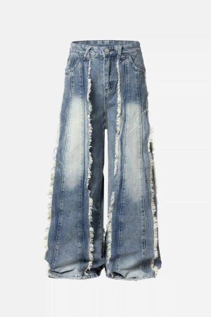 Concert Outfit Vintage Fringed Raw-Edge Oversized Jeans