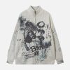 Concert Outfit Vintage Graffiti Zip-Up Cardigan