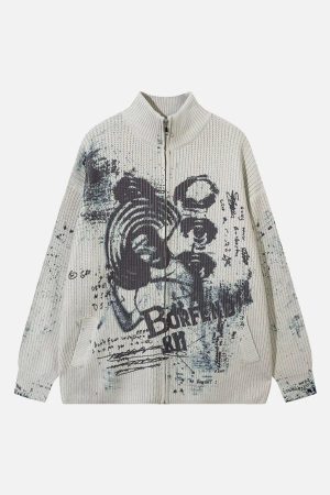 Concert Outfit Vintage Graffiti Zip-Up Cardigan