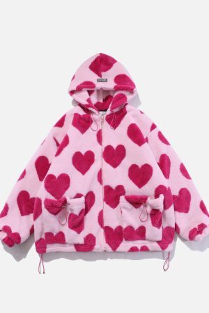 Concert Outfit Vintage Heart Pattern Oversize Sherpa Coat