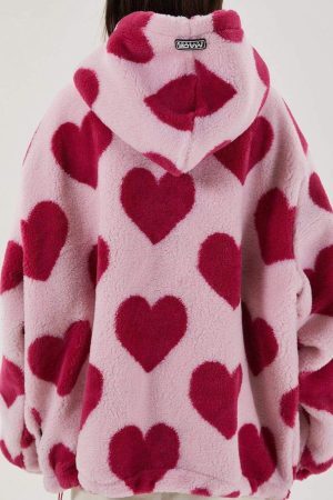 Concert Outfit Vintage Heart Pattern Oversize Sherpa Coat