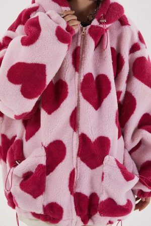 Concert Outfit Vintage Heart Pattern Oversize Sherpa Coat