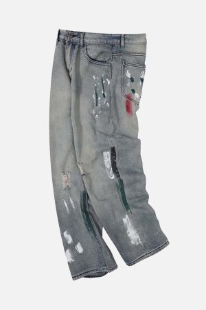 Concert Outfit Vintage Ink Splash Washed And Distressed Jeans