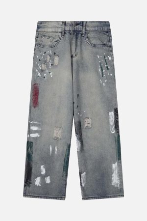 Concert Outfit Vintage Ink Splash Washed And Distressed Jeans