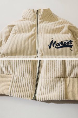 Concert Outfit Vintage Letter Embroidered Corduroy Winter Coat