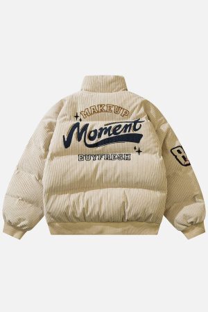 Concert Outfit Vintage Letter Embroidered Corduroy Winter Coat