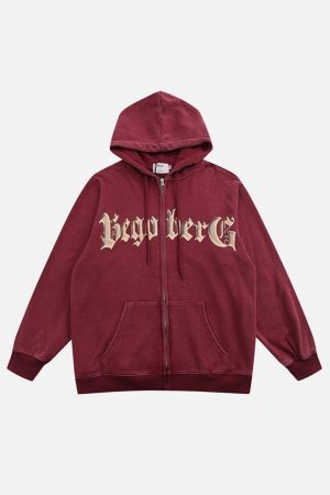 Concert Outfit Vintage Letter Print Zipper Hoodie