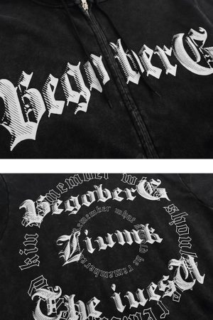 Concert Outfit Vintage Letter Print Zipper Hoodie