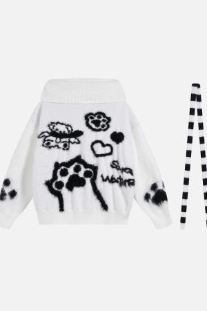 Concert Outfit Vintage Little Bear Paw Print Painting Casual Sweater