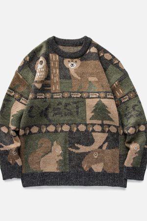 Concert Outfit Vintage Owl Bear Print Knitted Sweater