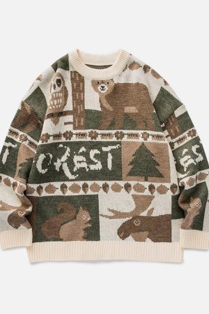 Concert Outfit Vintage Owl Bear Print Knitted Sweater