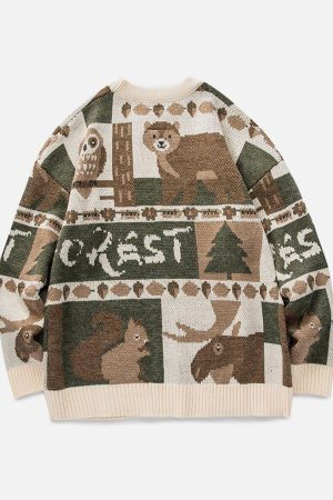 Concert Outfit Vintage Owl Bear Print Knitted Sweater
