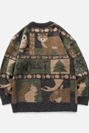 Concert Outfit Vintage Owl Bear Print Knitted Sweater