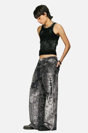 Concert Outfit Vintage Paisley Digital Print Straight Jeans