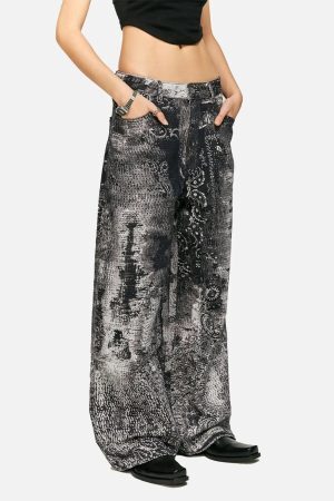 Concert Outfit Vintage Paisley Digital Print Straight Jeans