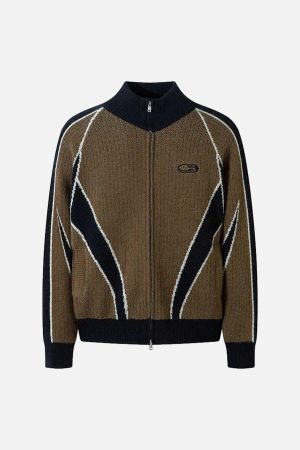 Concert Outfit Vintage Patchwork Contrast Color Stand Collar Cardigan