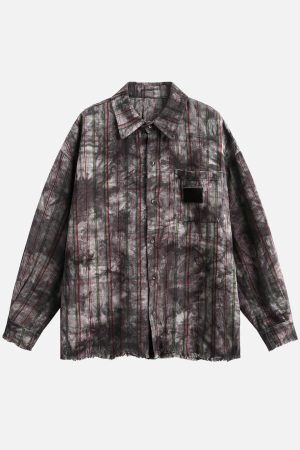 Concert Outfit Vintage Plaid Tie-Dye Long Sleeve Shirt