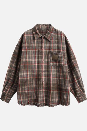 Concert Outfit Vintage Plaid Tie-Dye Long Sleeve Shirt