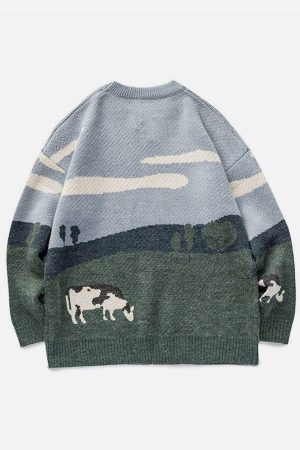 Concert Outfit Vintage Prairie Cow Pattern Streetwear Sweater