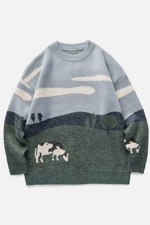Concert Outfit Vintage Prairie Cow Pattern Streetwear Sweater