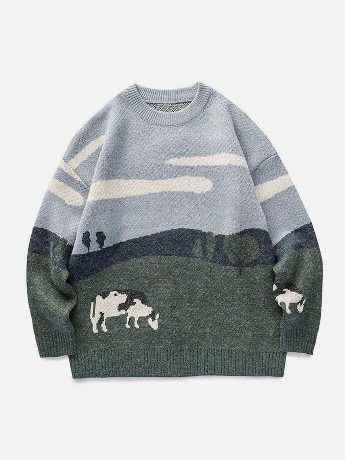Concert Outfit Vintage Prairie Cow Pattern Streetwear Sweater Concert Outfit Vintage Prairie Cow Pattern Streetwear Sweater