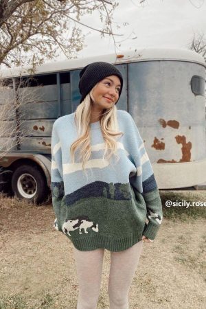 Concert Outfit Vintage Prairie Cow Pattern Streetwear Sweater