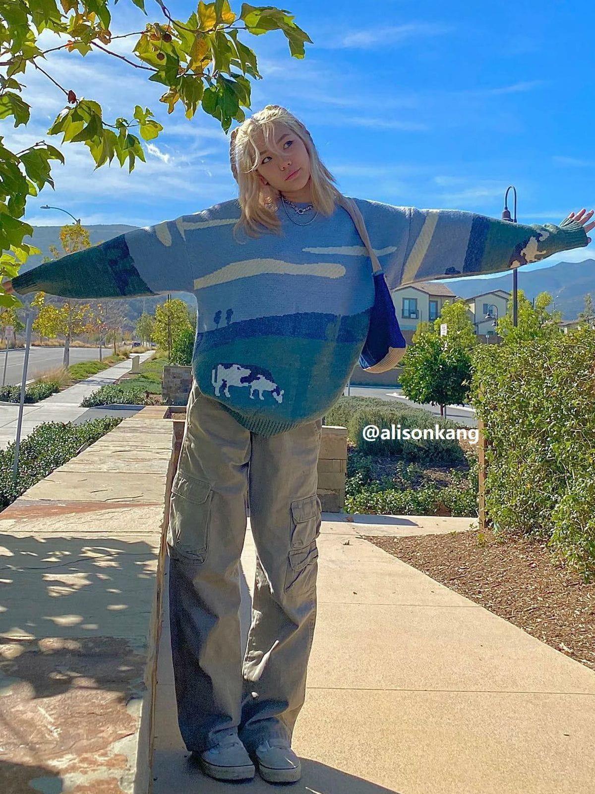 Concert Outfit Vintage Prairie Cow Pattern Streetwear Sweater Concert Outfit Vintage Prairie Cow Pattern Streetwear Sweater