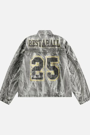 Concert Outfit Vintage Racing Distressed Print Zip-Up Collar Jacket