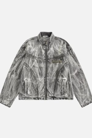 Concert Outfit Vintage Racing Distressed Print Zip-Up Collar Jacket