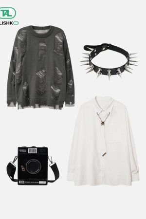 Concert Outfit Vintage Ripped Hole Oversized Sweater