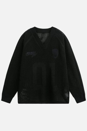 Concert Outfit Vintage Ripped Long Sleeve Knitted Jersey V-Neck Sweater