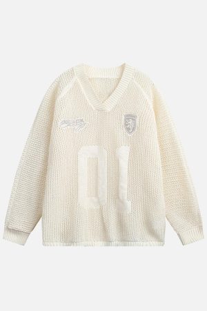 Concert Outfit Vintage Ripped Long Sleeve Knitted Jersey V-Neck Sweater