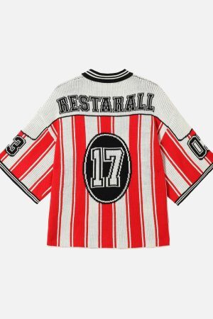 Concert Outfit Vintage Striped Baseball Short-Sleeved Knit Sweater