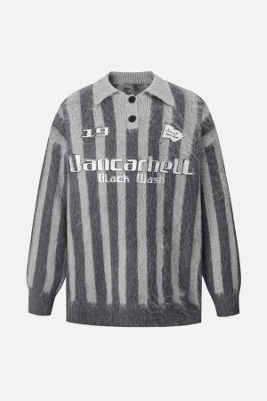 Concert Outfit Vintage Vertical Striped Polo Collar Sweater