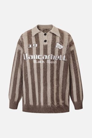 Concert Outfit Vintage Vertical Striped Polo Collar Sweater